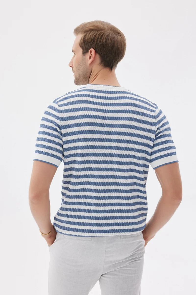 Odelon Limited Men's Striped Short Sleeve Crew Neck Rayon Knit T-shirt Indigo