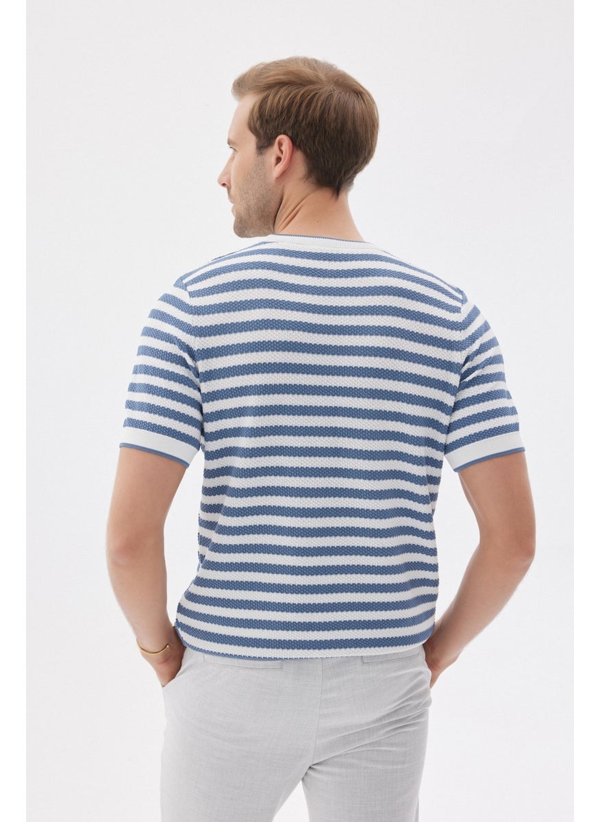 Odelon Limited Men's Striped Short Sleeve Crew Neck Rayon Knit T-shirt Indigo  - Image 5