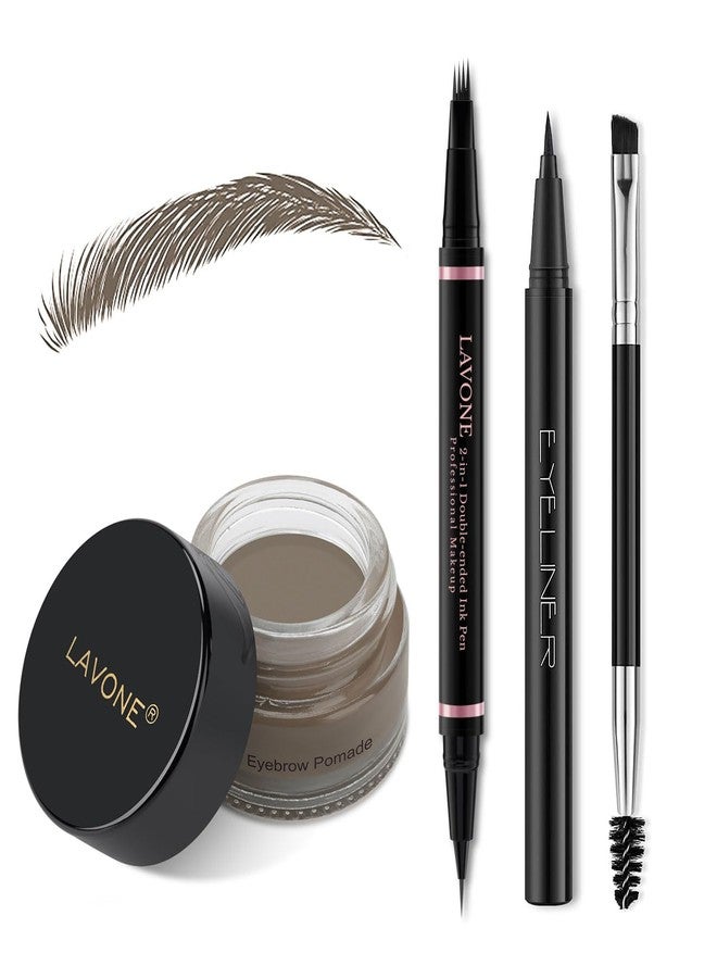 LAVONE Eyebrow Pencil Makeup Kit, with Waterproof 2-IN-1 Microblading Eyebrow Pen, Eyebrow Pomade, Eyeliner and Dual-ended Eyebrow Brush, Brow Pencil Kit for Natural Eyebrows - Dark Grey - Image 1