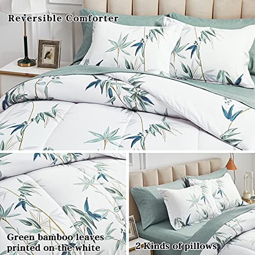 Flysheep 7 Pieces Bed in a Bag Queen Comforter Set with Sheets, Green Leaves on White Botanical Design Bedding Sets for All Season (1 Comforter, 2 Pillow Shams, 1 Flat Sheet, 1 Fitted Sheet, 2 Pillowcases) - Image 3
