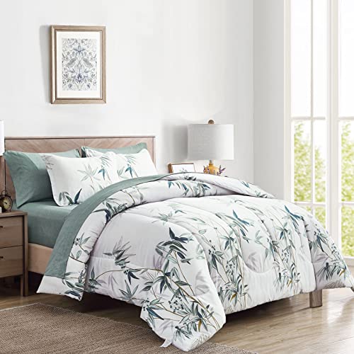 Flysheep 7 Pieces Bed in a Bag Queen Comforter Set with Sheets, Green Leaves on White Botanical Design Bedding Sets for All Season (1 Comforter, 2 Pillow Shams, 1 Flat Sheet, 1 Fitted Sheet, 2 Pillowcases) - Image 2