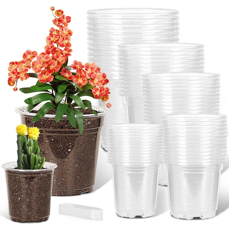 JNYONG 60 Pack 3.5/4/5/6/7 Inch Clear Nursery Pots with Drainage Hole,Variety Sizes Seed Starting Pots Transparent Plastic Plant Pots for Plants Transparency with 50 Plant Labels - Image 1