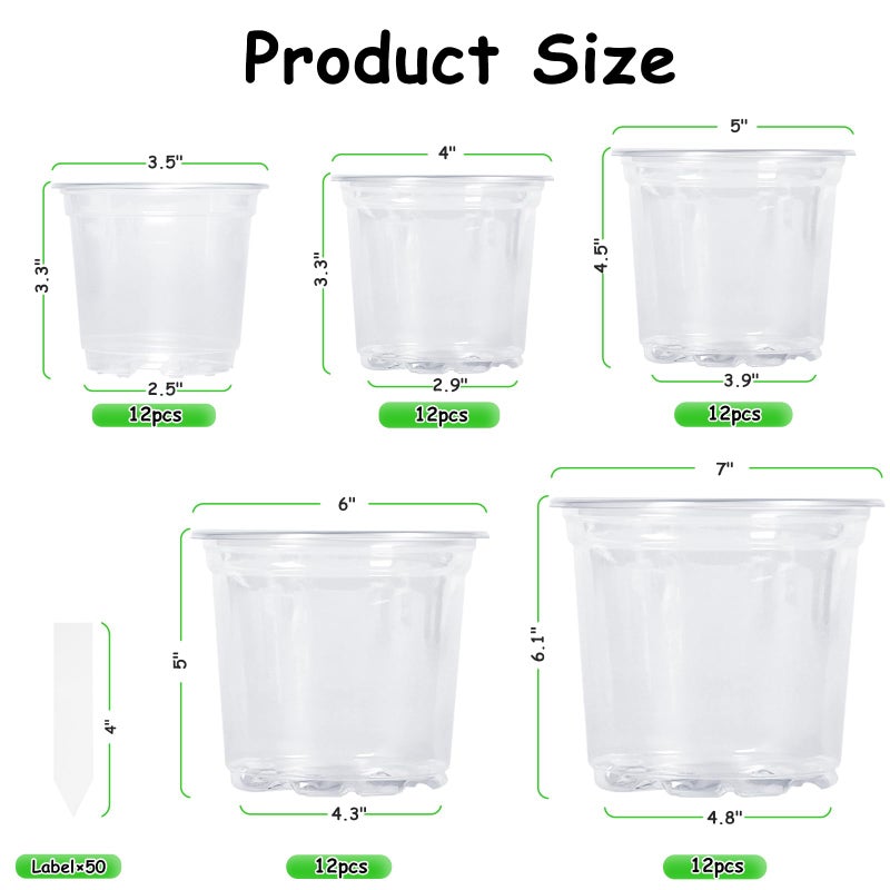 JNYONG 60 Pack 3.5/4/5/6/7 Inch Clear Nursery Pots with Drainage Hole,Variety Sizes Seed Starting Pots Transparent Plastic Plant Pots for Plants Transparency with 50 Plant Labels - Image 2