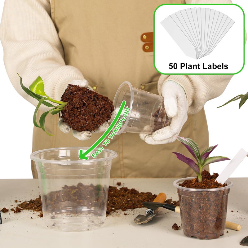 JNYONG 60 Pack 3.5/4/5/6/7 Inch Clear Nursery Pots with Drainage Hole,Variety Sizes Seed Starting Pots Transparent Plastic Plant Pots for Plants Transparency with 50 Plant Labels - Image 3
