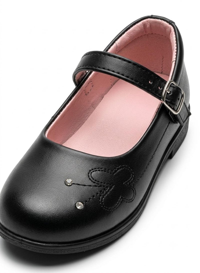babyqlo Girls Black Mary Jane Shoes with Flower Detail - Image 4