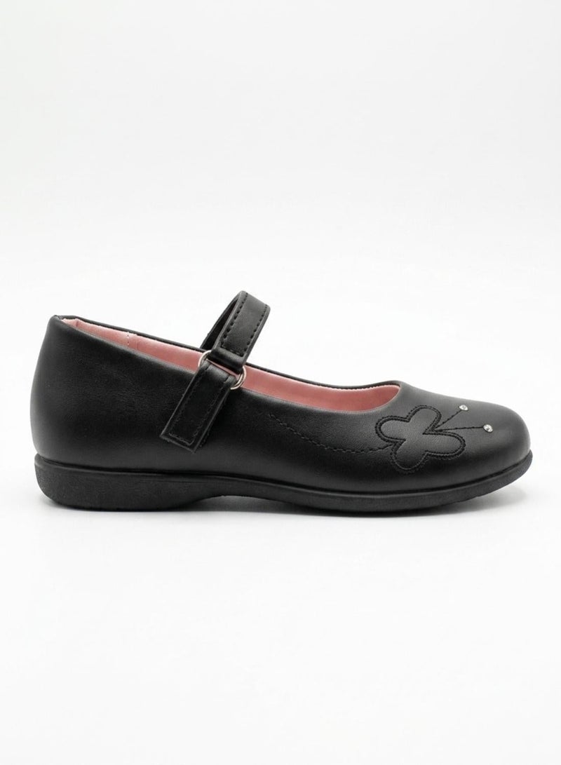 babyqlo Girls Black Mary Jane Shoes with Flower Detail - Image 1