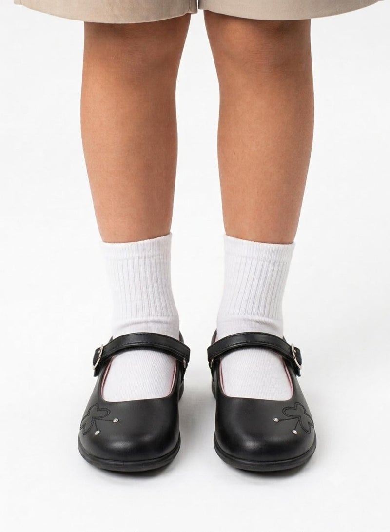 babyqlo Girls Black Mary Jane Shoes with Flower Detail - Image 3