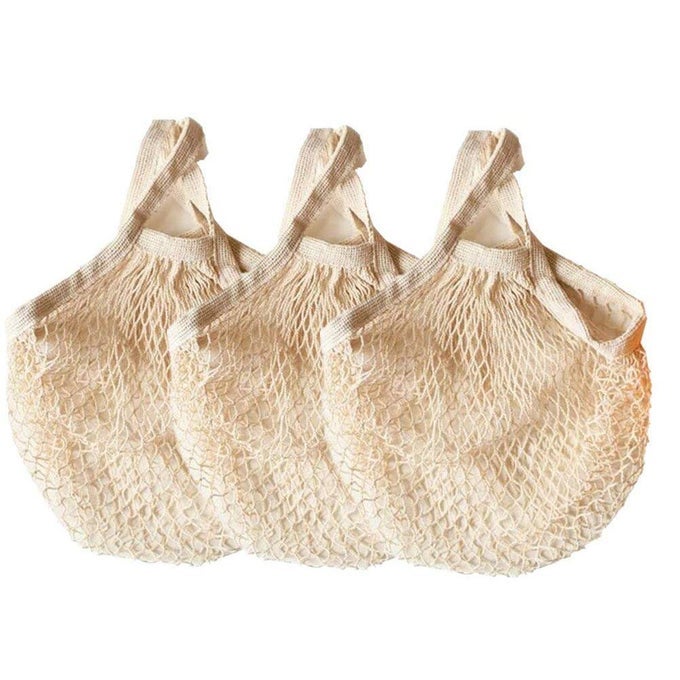 ECOLOGY REUSABLE COTTON MESH GROCERY BAGS COTTON STRING BAG NET SHOPPING MESH BAGS PACK OF 3 BEIGE