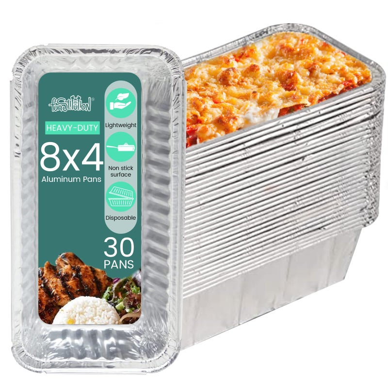 FUNSTITUTION Aluminum Foil Pans 8x4 Inches 30 Pack  Tin Foil Pans with High Heat Conductivity  Disposable Aluminum Tray Cookware For Baking Grilling Cooking Storing Prepping