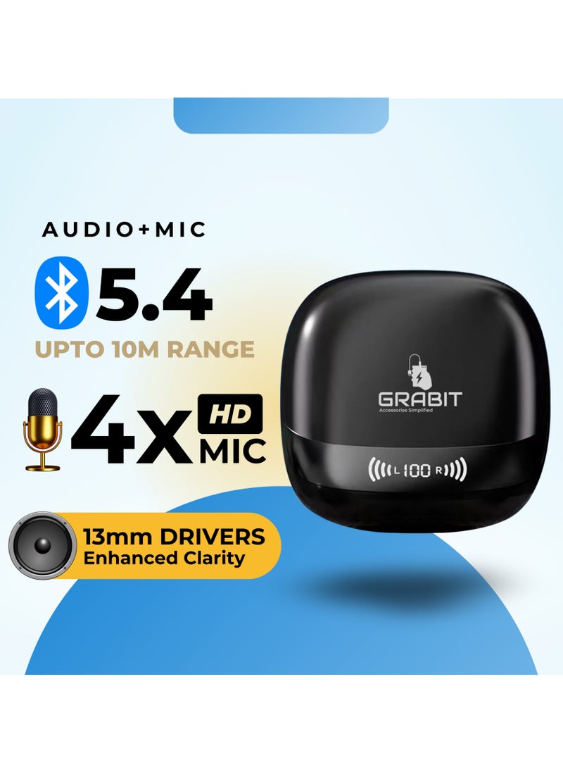 GRABIT - GTUNES-HARMONY True Wireless Earbuds ANC & Premium Sound Enjoy 42dB Active Noise Cancellation, Transparency Mode, and quad-mic clarity with Bluetooth 5.4 for seamless connectivity. Get 6-hour playtime per charge (200 hours total) with rich 13mm drivers for deep bass and crisp sound. Features a sleek electroplated case, digital battery indicator, and Type-C fast charging. Compatible with iPhone, Samsung, OnePlus, Xiaomi, Huawei, Google Pixel, iPads, MacBooks, and more. - Image 1