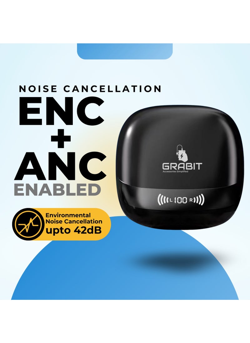 GRABIT - GTUNES-HARMONY True Wireless Earbuds ANC & Premium Sound Enjoy 42dB Active Noise Cancellation, Transparency Mode, and quad-mic clarity with Bluetooth 5.4 for seamless connectivity. Get 6-hour playtime per charge (200 hours total) with rich 13mm drivers for deep bass and crisp sound. Features a sleek electroplated case, digital battery indicator, and Type-C fast charging. Compatible with iPhone, Samsung, OnePlus, Xiaomi, Huawei, Google Pixel, iPads, MacBooks, and more. - Image 1