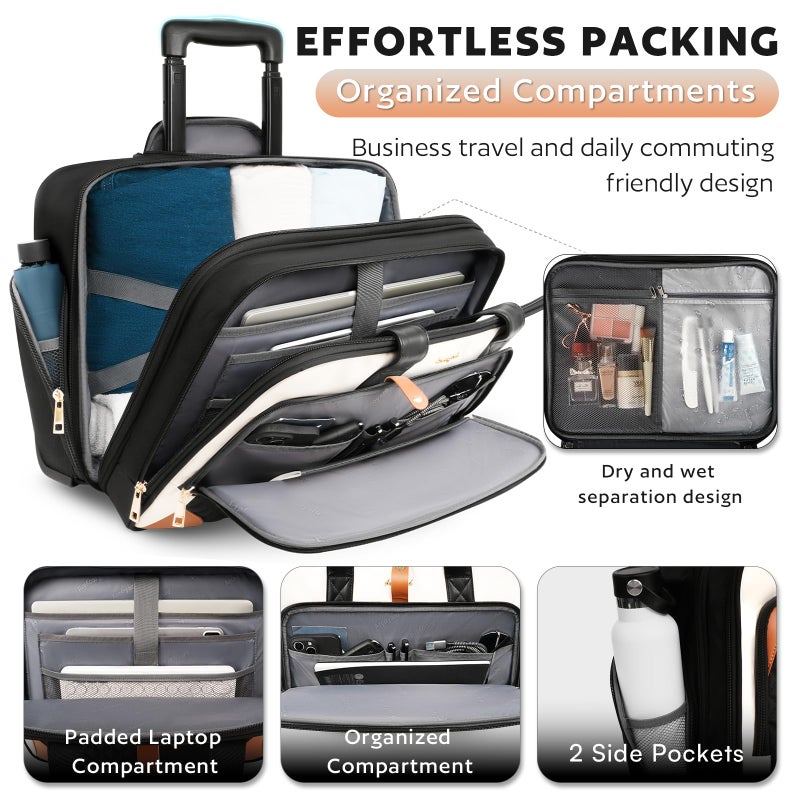 Arcoyard Rolling Laptop Bag, Rolling Briefcase for Women with Waterproof Pocket, 16 Inch Computer Bag, Underseat Carry On Luggage with Wheels for Work Travel Business, Lightweight Beige Brown - Image 3