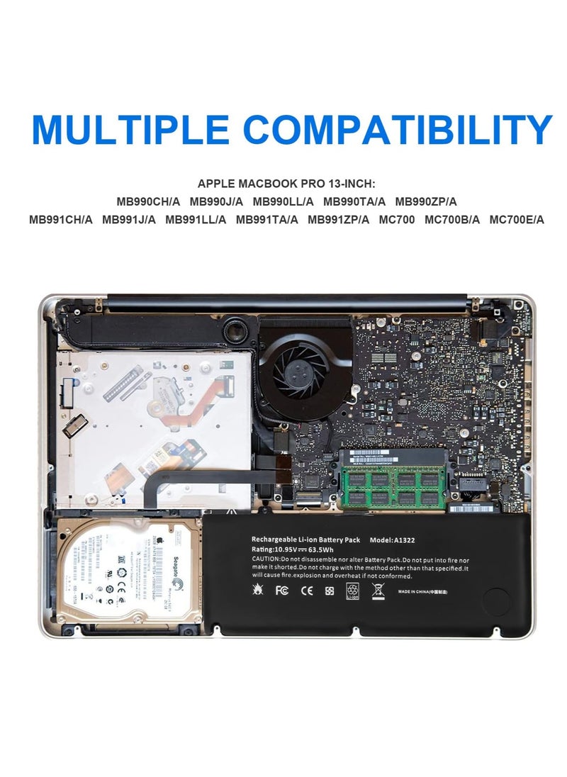 Generic Replacement battery for certain 13-inch laptop models (Mid 2009, Mid 2010, Early and Late 2011, 2012). This battery is rated at 10.95V, 63.5Wh, and has 6 cells.  - Image 1