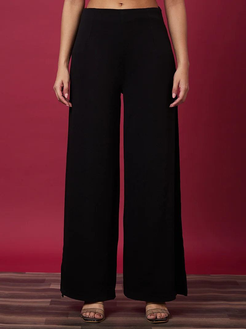 globus Women Black Loose Fit High-Rise Cotton Parallel Trouser
