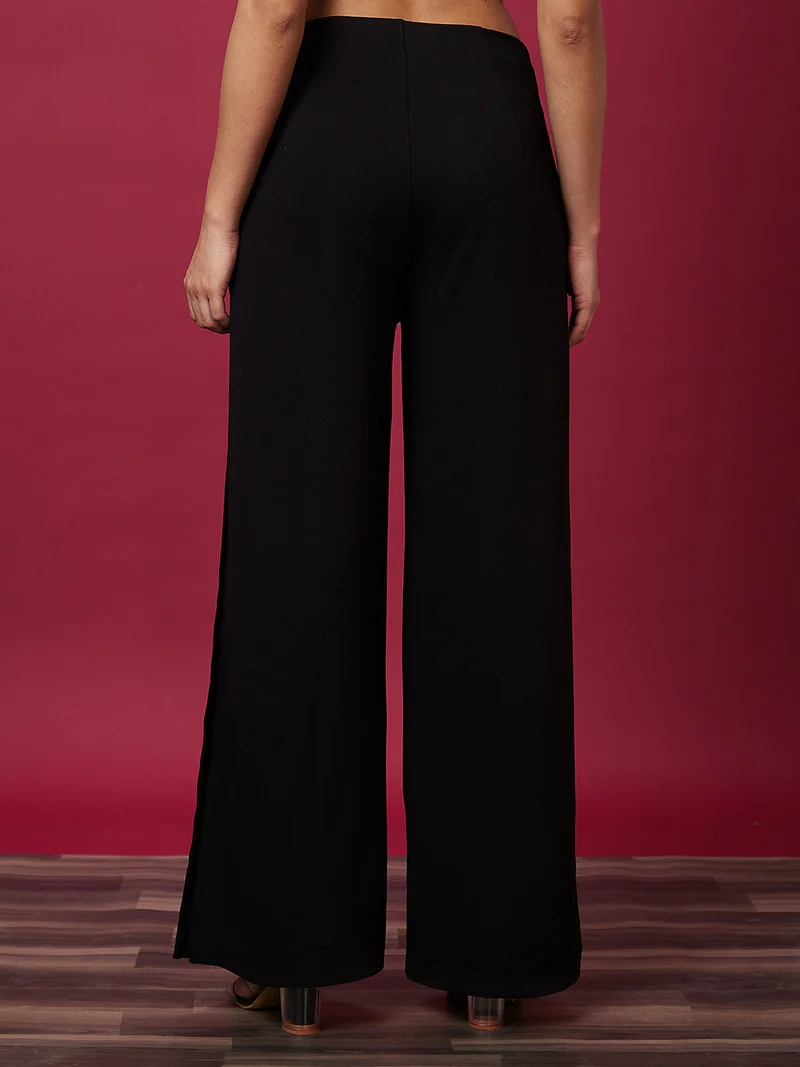 globus Women Black Loose Fit High-Rise Cotton Parallel Trouser