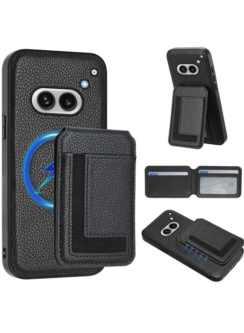 Magnetic Card Holder Case for Nothing Phone 2A, Lychee Pattern Premium PU Leather Cover Hidden Folding Kickstand Wireless Charging Compatible - Image 1
