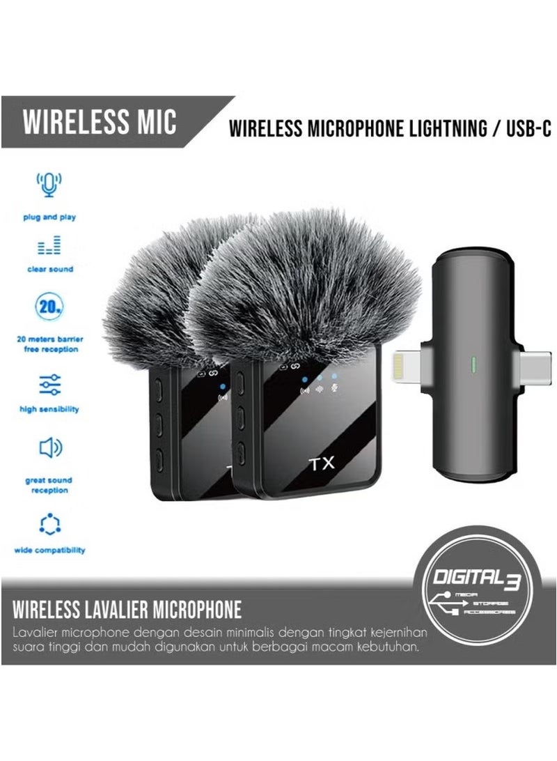 تي اكس 2-in-1 Wireless Microphone Kit – Crystal-Clear Audio, Noise Reduction, Plug & Play, Compatible with Smartphones & Cameras – Ideal for Interviews, Vlogging, Live Streaming, YouTube, TikTok - Image 2