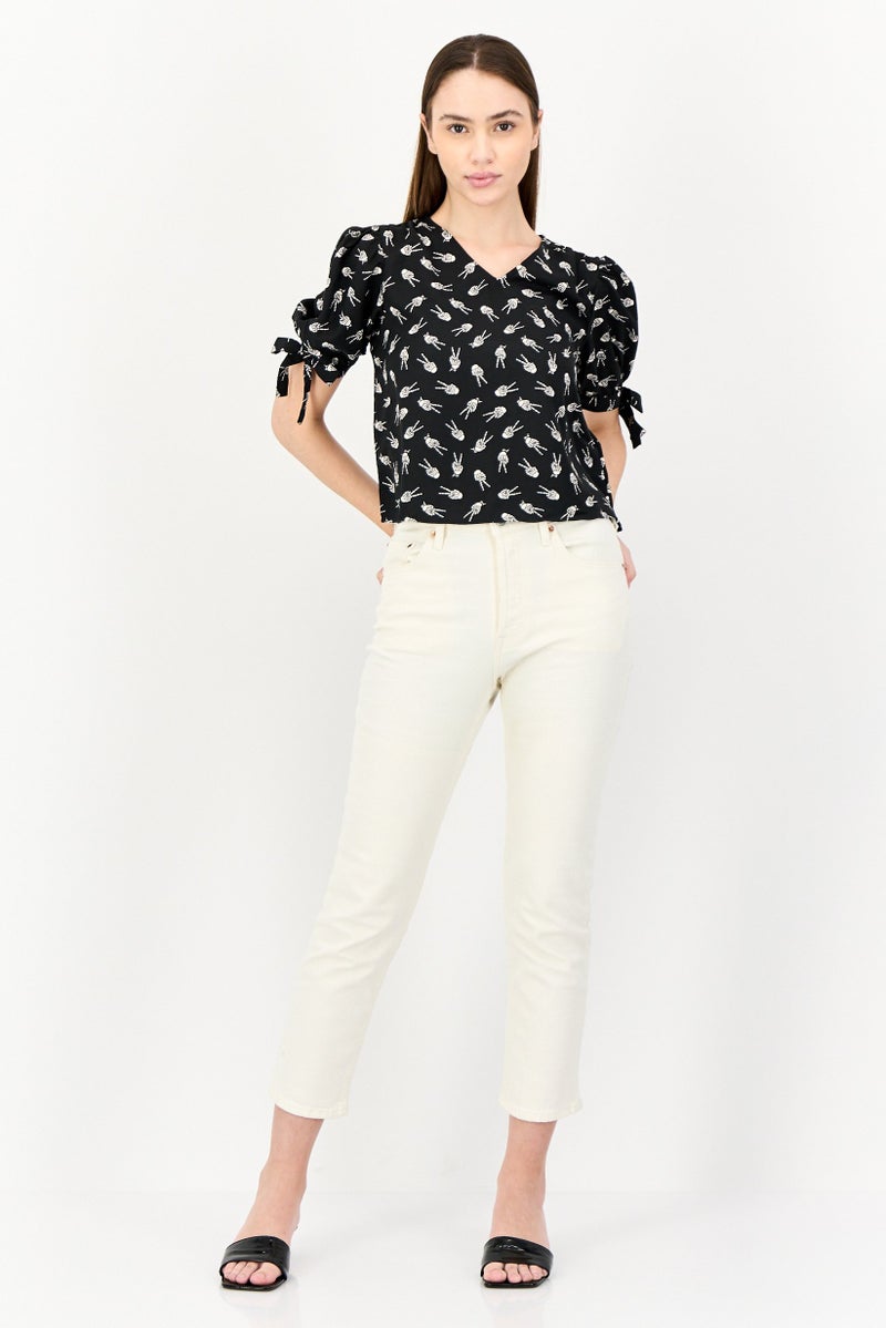 ONLY Women V Neck Short Sleeves Allover Print Blouse, Black  - Image 3
