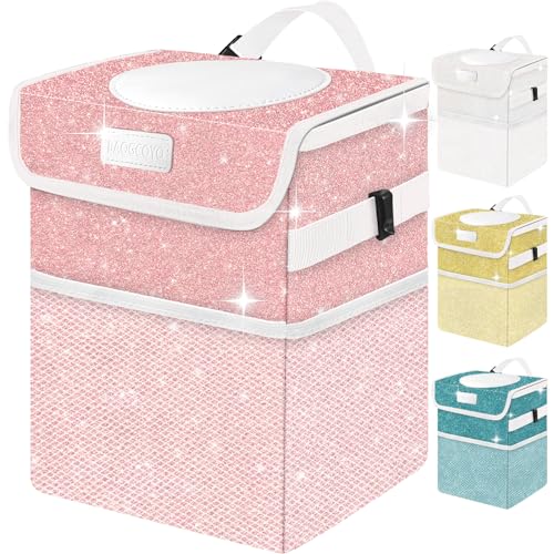 BAOGCOYO Cute Mini Car Trash Bag with Lid, Glitter Garbage Can Bin Hanging for Back/Front Seat/Console, Waterproof, Leakproof, 2.5 Gallon, Pink Bling Sparkly - Image 1