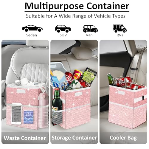 BAOGCOYO Cute Mini Car Trash Bag with Lid, Glitter Garbage Can Bin Hanging for Back/Front Seat/Console, Waterproof, Leakproof, 2.5 Gallon, Pink Bling Sparkly - Image 5