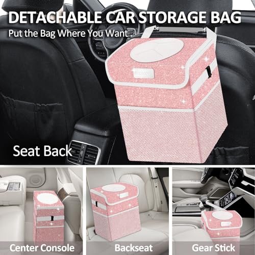 BAOGCOYO Cute Mini Car Trash Bag with Lid, Glitter Garbage Can Bin Hanging for Back/Front Seat/Console, Waterproof, Leakproof, 2.5 Gallon, Pink Bling Sparkly - Image 3