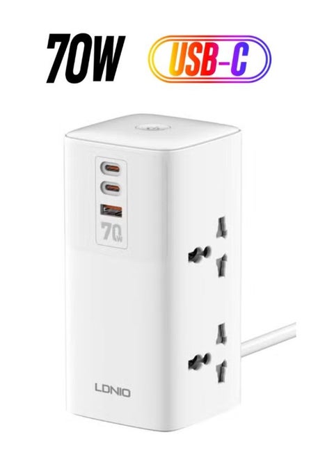 Power Extension Cord, 4 Way Universal Outlets Lead, 2x 70W USB-C PD3.0, 1x 30W USB-A QC3.0, Desktop Station Plug Organizer Power Strip, Multi Socket Surge Protector, 2 Meter Cable