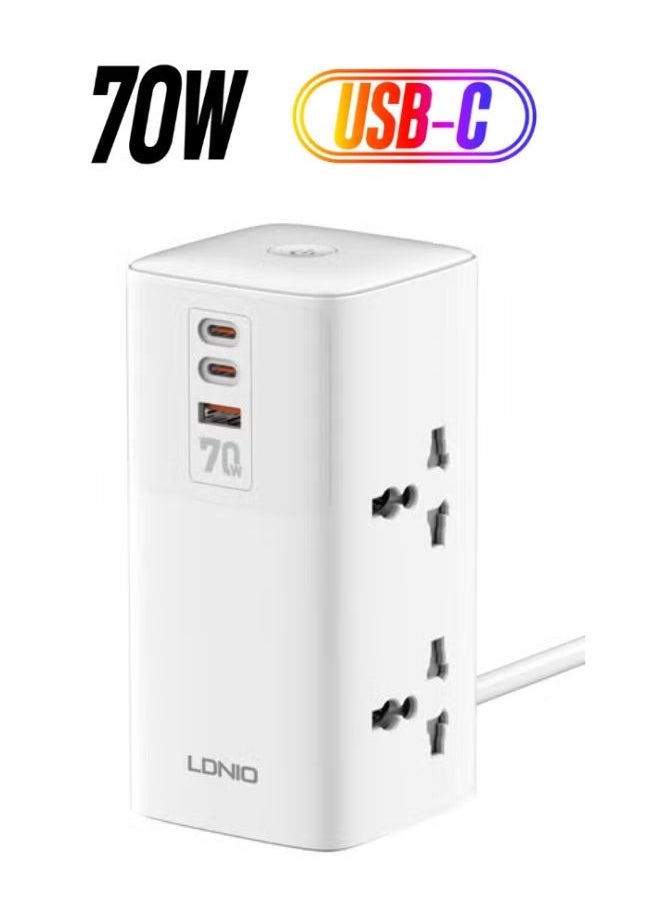 LDNIO Power Extension Cord, 4 Way Universal Outlets Lead, 2x 70W USB-C PD3.0, 1x 30W USB-A QC3.0, Desktop Station Plug Organizer Power Strip, Multi Socket Surge Protector, 2 Meter Cable  - Image 1