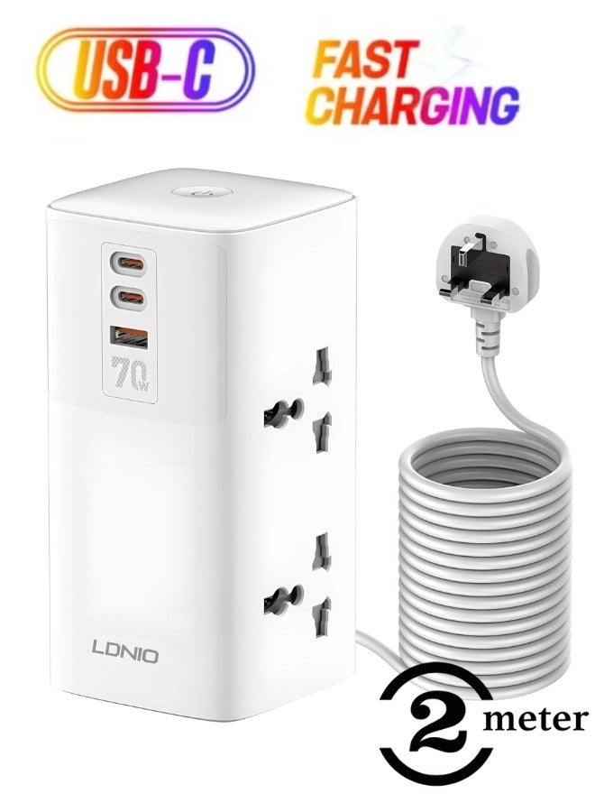 LDNIO Power Extension Cord, 70W Multi Sockets Power Strip, 7-in-1 Multifunctional Charging Station, 4 Universal AC Outlets Plug Adapter, USB & 2 Type-C PD Gan Charging Ports for Home, Office, iPhone 2 Meter Cable - Image 1