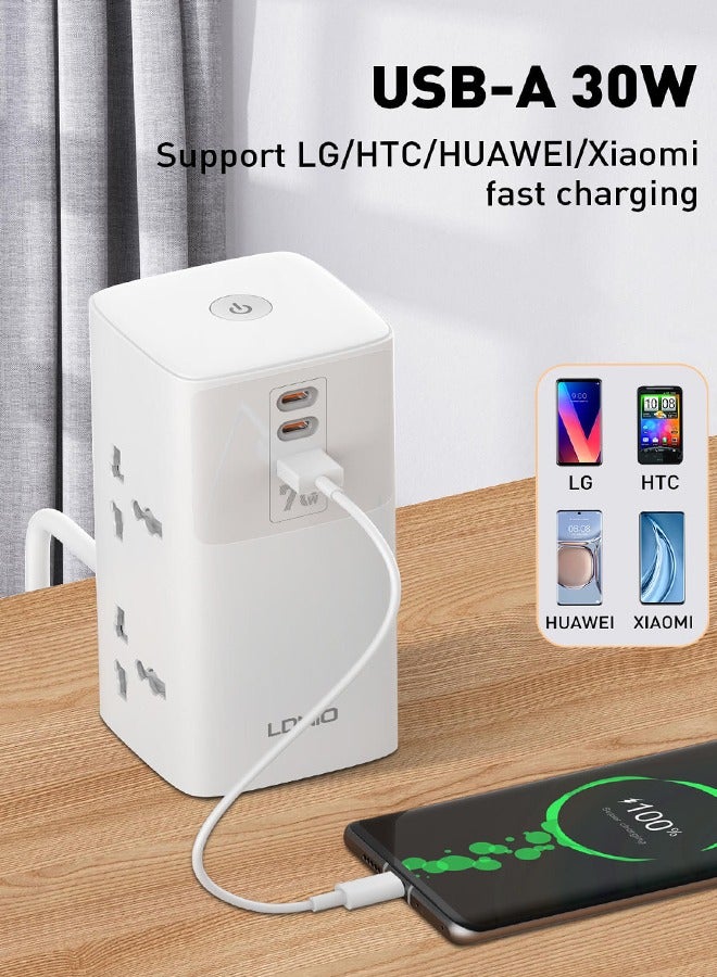 LDNIO Power Extension Cord, 70W Multi Sockets Power Strip, 7-in-1 Multifunctional Charging Station, 4 Universal AC Outlets Plug Adapter, USB & 2 Type-C PD Gan Charging Ports for Home, Office, iPhone 2 Meter Cable - Image 3