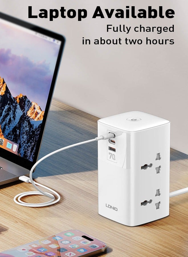 LDNIO Power Extension Cord, 70W Multi Sockets Power Strip, 7-in-1 Multifunctional Charging Station, 4 Universal AC Outlets Plug Adapter, USB & 2 Type-C PD Gan Charging Ports for Home, Office, iPhone 2 Meter Cable - Image 2