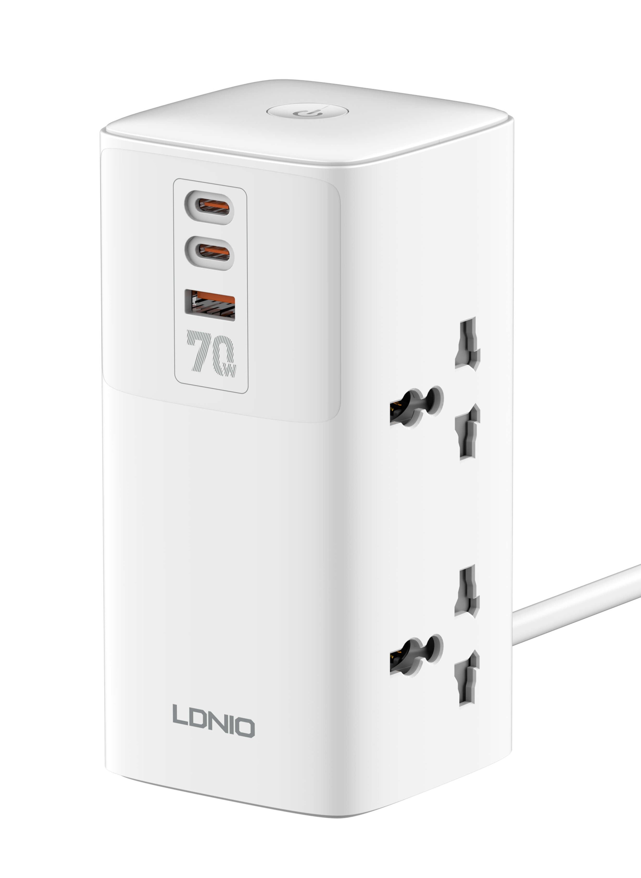 LDNIO 70W GaN Tower Power Extension Cord, 4 Way Universal Outlets Lead, 2x 70W USB-C PD3.0, 1x 30W USB-A QC3.0, Desktop Station Plug Organizer Power Strip, Multi Socket Surge Protector, 2 Meter Cable 