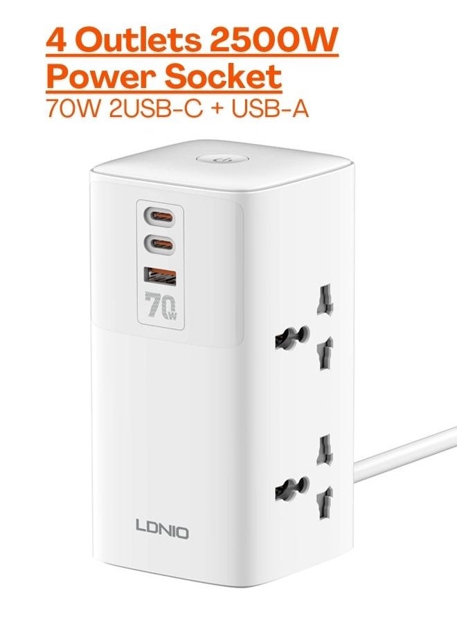 LDNIO 70W GaN Tower Power Extension Cord, 4 Way Universal Outlets Lead, 2x 70W USB-C PD3.0, 1x 30W USB-A QC3.0, Desktop Station Plug Organizer Power Strip, Multi Socket Surge Protector, 2 Meter Cable 