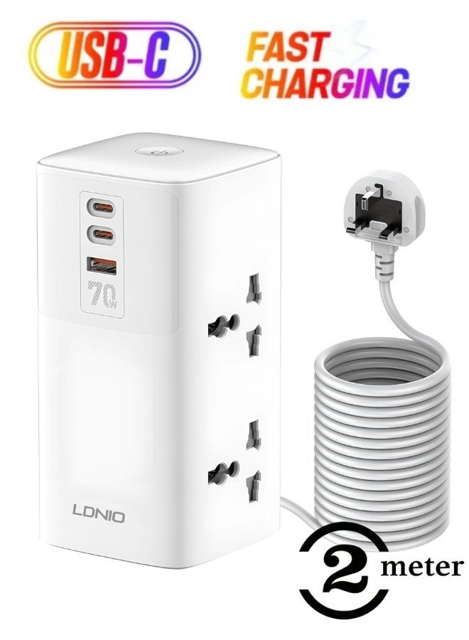 LDNIO كابل تمديد الطاقة، شريط طاقة متعدد المآخذ 70 واط، محطة شحن متعددة الوظائف 7 في 1، 4 مآخذ طاقة عالمية، منافذ شحن USB و 2 Type-C PD Gan للمنزل، المكتب، كابل آيفون بطول 2 متر - Image 1