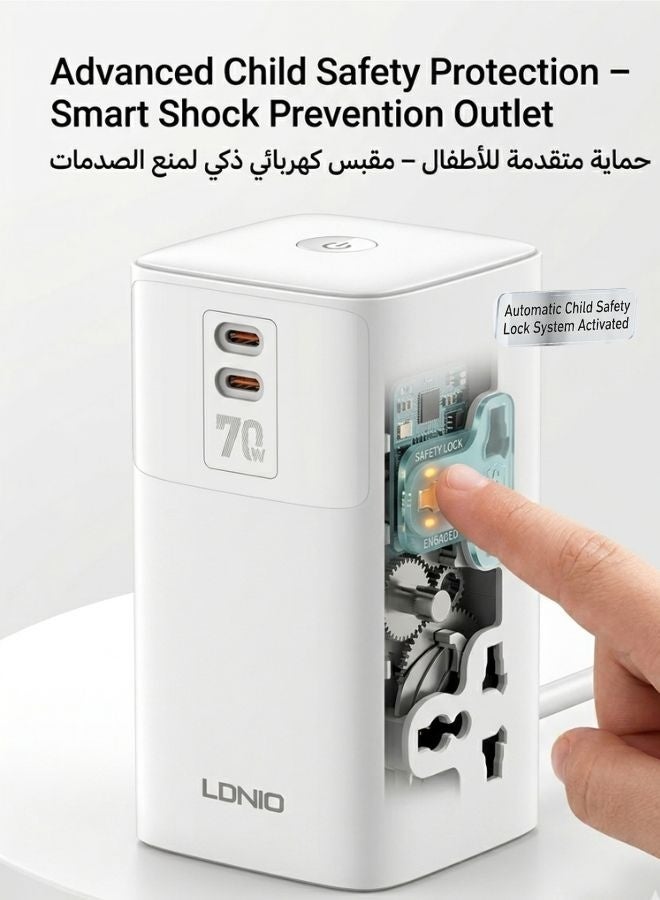 LDNIO كابل تمديد الطاقة، شريط طاقة متعدد المآخذ 70 واط، محطة شحن متعددة الوظائف 7 في 1، 4 مآخذ طاقة عالمية، منافذ شحن USB و 2 Type-C PD Gan للمنزل، المكتب، كابل آيفون بطول 2 متر - Image 5