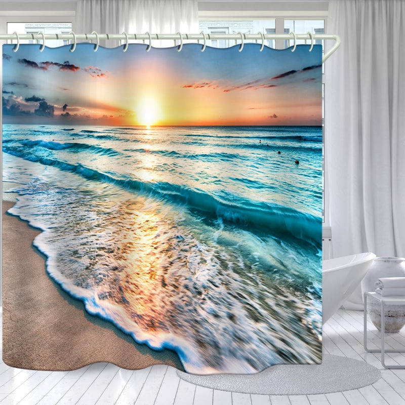 LYFANS Bathroom Uses Beach Sunset 3D Shower Curtain, Luxurious Bathtub Standard Shower Curtains, Waterproof and Bright Fabric Shower Curtain, with 12 White Hooks, Size (59x72 inches) - Image 1