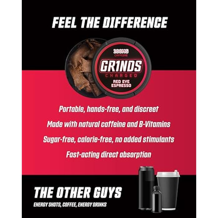 Grinds Coffee Pouches | Free, Nicotine Free clean energy option | 3 Cans, 12 Pouches Per Can | 4x Caffeine, 100mg Per Pouch (Red Eye Espresso) - Image 5