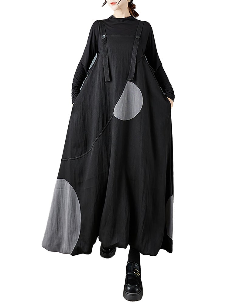 ellazhu Women's Dress Suspender Printed Sleeveless Plus Size Pleated Maxi Hem Pockets GZ737 Black - Image 1