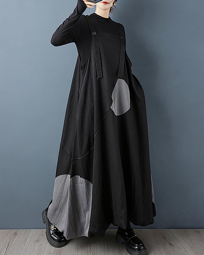 ellazhu Women's Dress Suspender Printed Sleeveless Plus Size Pleated Maxi Hem Pockets GZ737 Black - Image 4