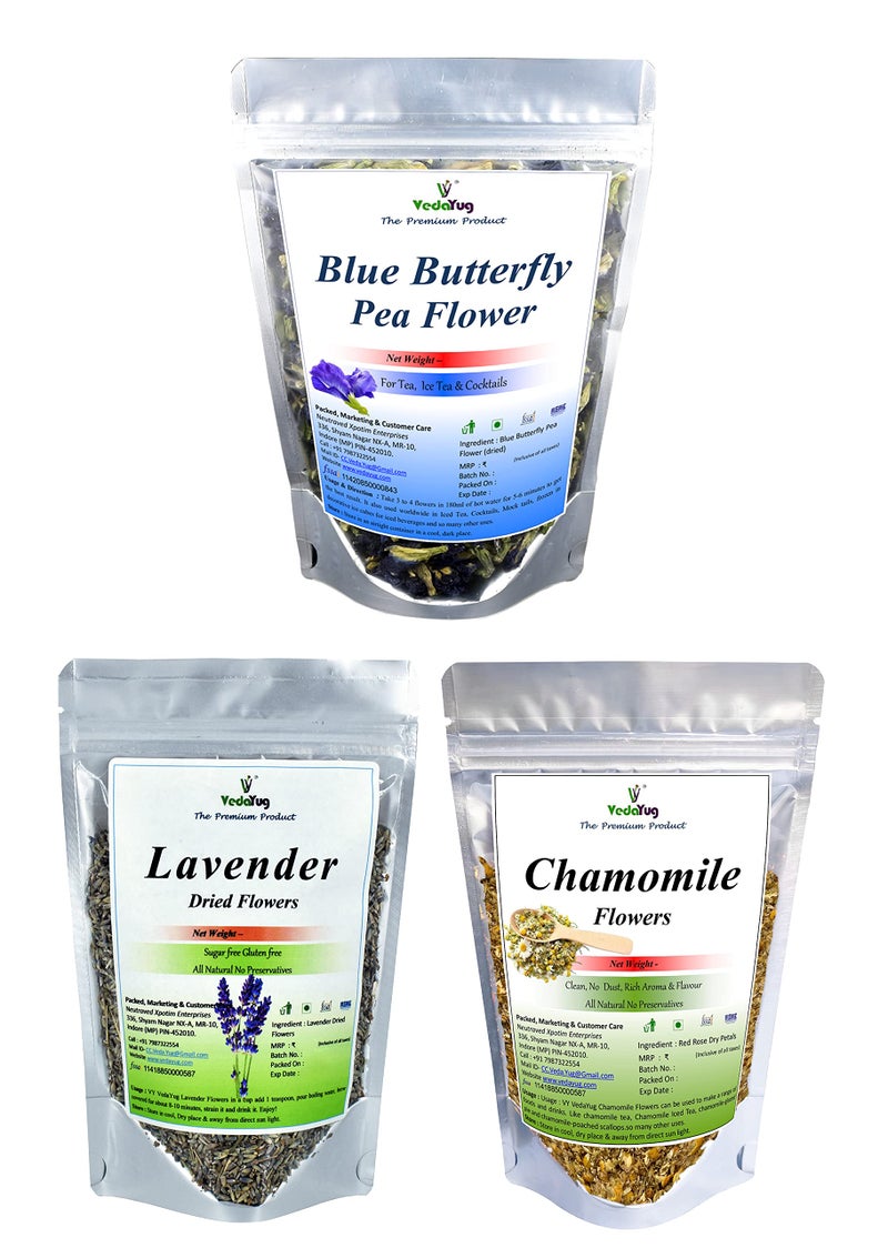 VY VedaYug Combo Herbal tea Chamomile Flower 30g Blue Butterfly 20g & Lavender 30g Herbal Tea Ingredient set (80g) - Image 1