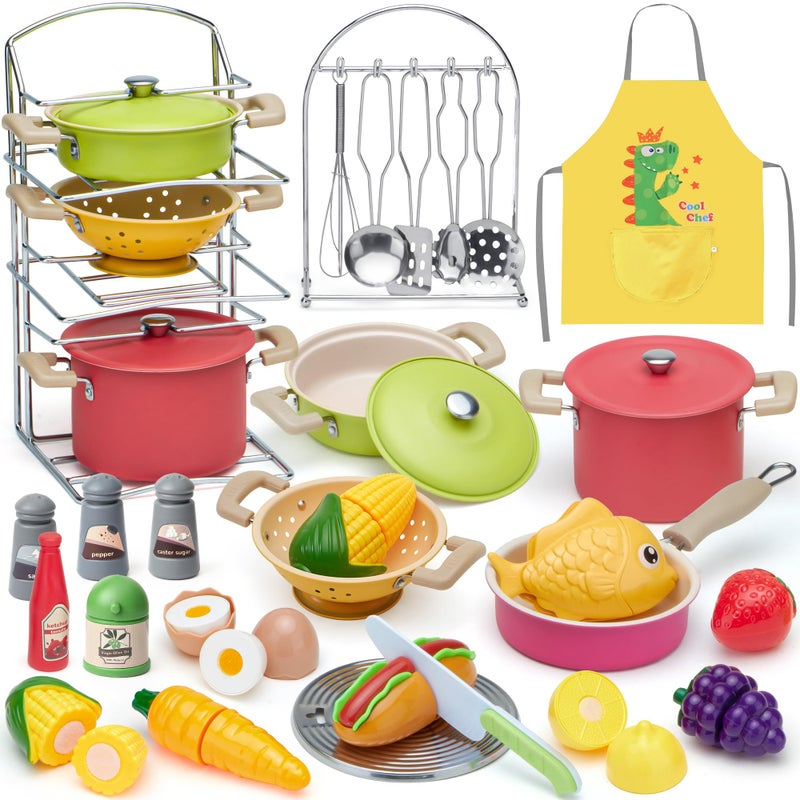 Golray Play Kitchen Accessories Pretend Cooking Playset for Kids with Pots and Pans Set Cooking Utensils Toys Organizer Play Food Set Apron Condiments Birthday Gifts for Toddlers Boys Girls - Image 3