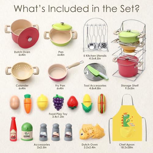 Golray Play Kitchen Accessories Pretend Cooking Playset for Kids with Pots and Pans Set Cooking Utensils Toys Organizer Play Food Set Apron Condiments Birthday Gifts for Toddlers Boys Girls - Image 5