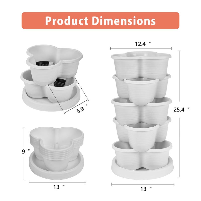 VECELO 5 Tier Vertical Garden Planter, Self Watering Stackable Planters with Wheels for Strawberries, Herbs, Flowers, Vegetables, White - Image 2