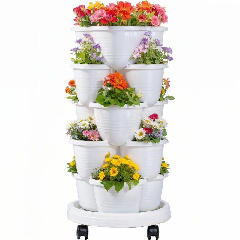 VECELO 5 Tier Vertical Garden Planter, Self Watering Stackable Planters with Wheels for Strawberries, Herbs, Flowers, Vegetables, White - Image 1
