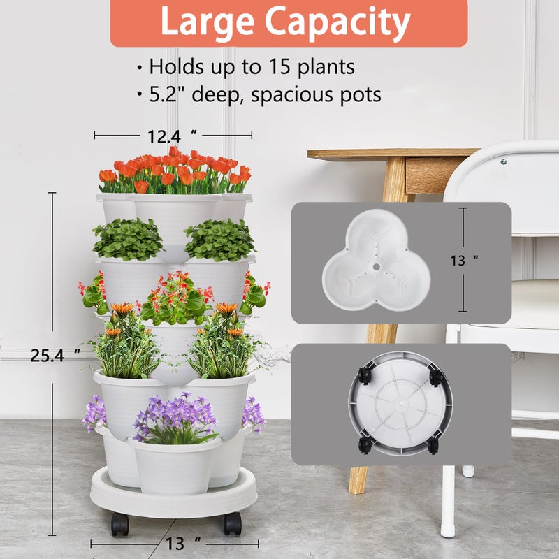 VECELO 5 Tier Vertical Garden Planter, Self Watering Stackable Planters with Wheels for Strawberries, Herbs, Flowers, Vegetables, White - Image 5