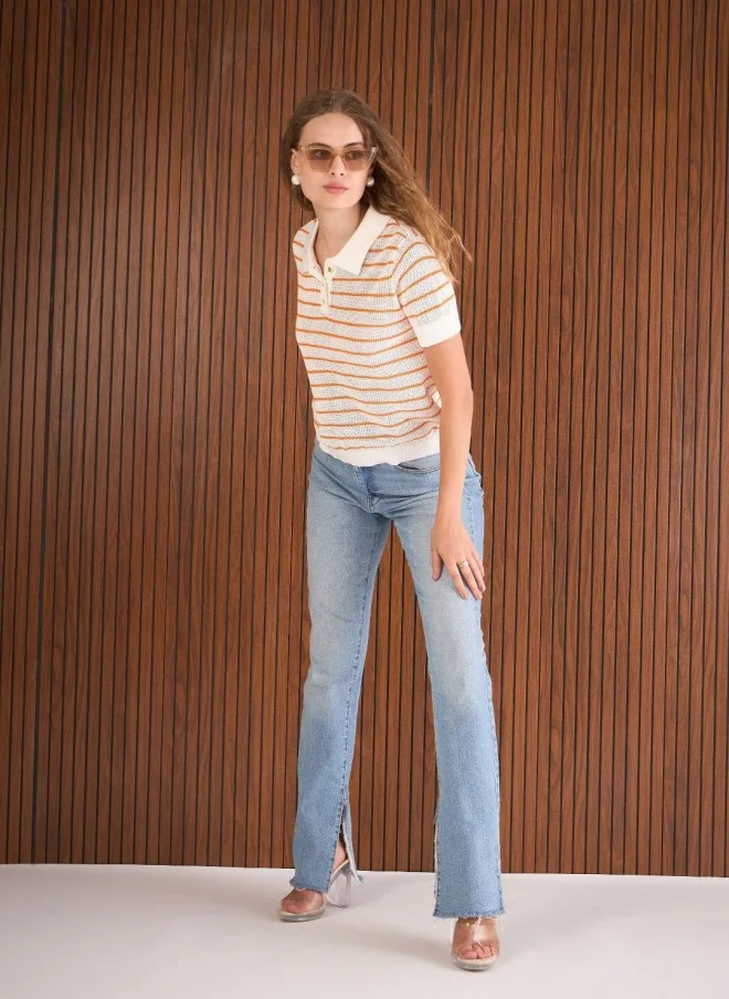 SASSAFRAS Crochet Striped Polo T-Shirt for Women