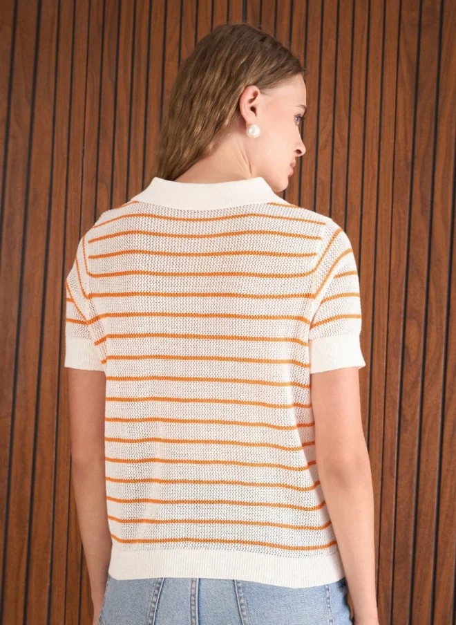 SASSAFRAS Crochet Striped Polo T-Shirt for Women
