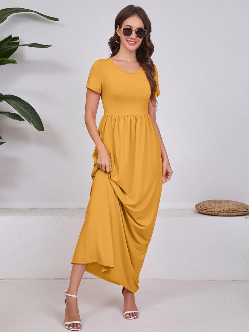 DEARCASE Maxi Dress for Women Yellow Large Crewneck Short Sleeves Wedding Guest A-line Casual Loose Party Vintage Spring Summer Beach Long Dresses with Pockets - Image 2