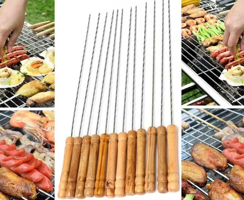 Funeiko BBQ Skewers Tandoor for Barbecue, Grill | Stainless Steel Stick with Wooden Handle (Pack of 12) - Image 3