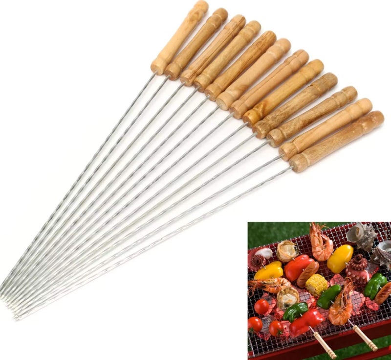 Funeiko BBQ Skewers Tandoor for Barbecue, Grill | Stainless Steel Stick with Wooden Handle (Pack of 12) - Image 1