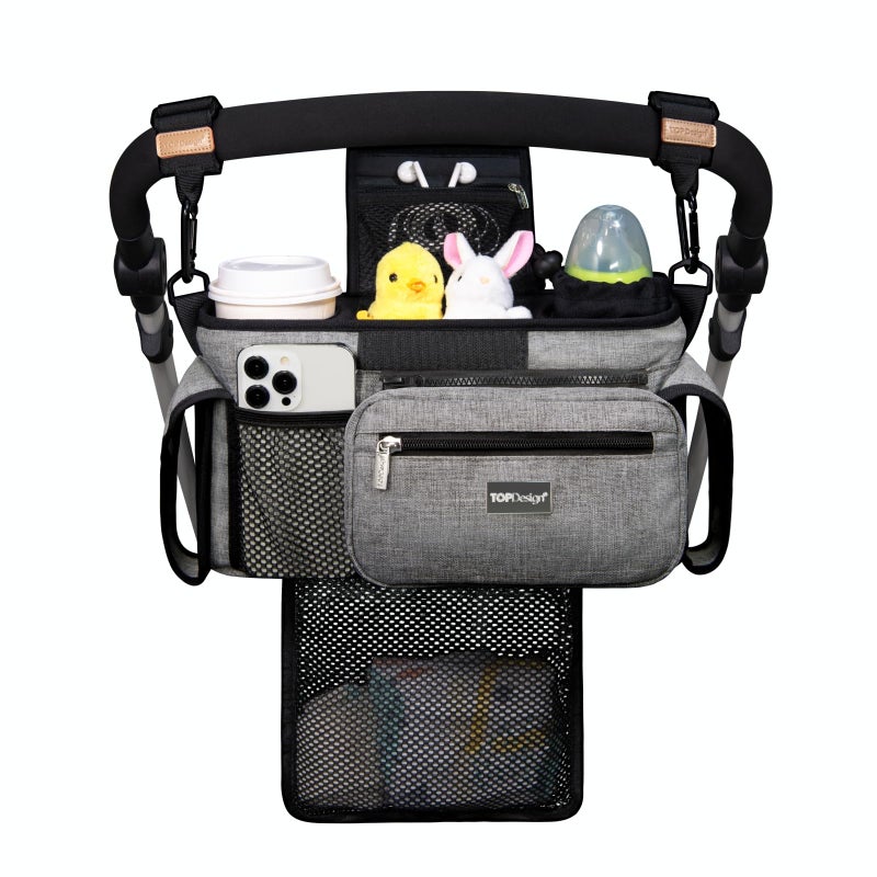 TOPDesign Universal Baby Stroller Organizer Stroller Caddy with Detachable Mesh Bag Heightened Insulated Cup Holders NonSlip Secure Hooks Accessories Fits Most Strollers Grey - Image 2
